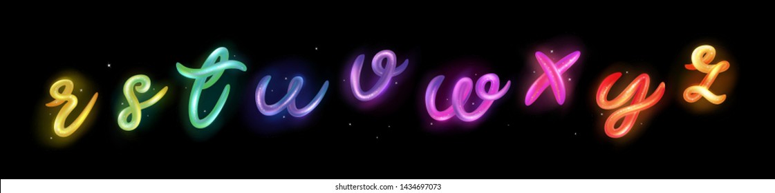 Font set with letters r, s, t, u, v, w, x, y, z. Glossy rainbow alphabet. 3D render of bubble font with neon and glow effect. Typography vector illustration.