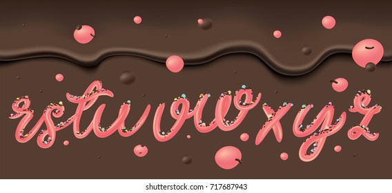 Font set with letters r, s, t, u, v, w, x, y, z on chocolate background. Decorative cupcake alphabet letters. 3d glossy script typeface. Dessert decorative candy typography. Vector illustrations. 