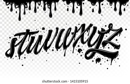 Font set with letters s, t, u, v, w, x, y, z. Graffiti alphabet with paint border.  Black ink alphabet with glossy. Text graphic elements. Vector typography.