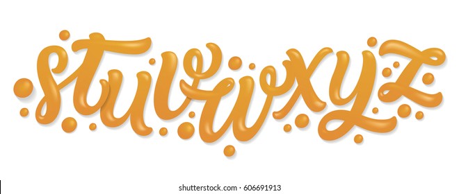 Font set with letters s, t, u, v, w, x, y, z. Alphabet set made of caramel, liquid and glossy. Cartoon kids style. Typography vector illustration.