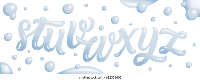 Font set with letters s, t, u, v, w, x, y, z. Vector alphabet made of clear water. 