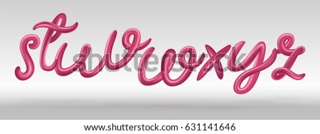 Font set with letters s, t, u, v, w, x, y, z. Glossy pink abc set. 3D render of bubble font with glint. Typography vector illustration.