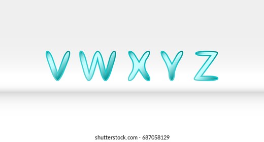 Font set with letters v,w,x,y,z. Vector funny cartoon colorful uppercase alphabet. ABC in mint colors.