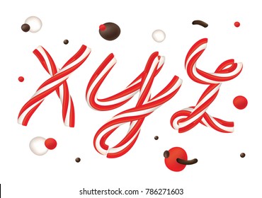 Font set with letters x, y, z. Candy cane letters. Sweet typography isolated on white background. Mint sweet alphabet vector. Holidays typography. 