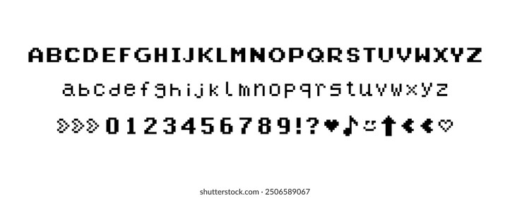 Font set in pixel art. Alphabet letters, symbols, signs, numbers, design elements. Mood of 90's aesthetics collection. 8-bit retro style vector typeface. Y2K style