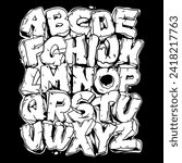 Font set with vector letters in cracked broken Graffiti Street Paint On White And Black Background. Free Wild Style For Wall City Urban. 