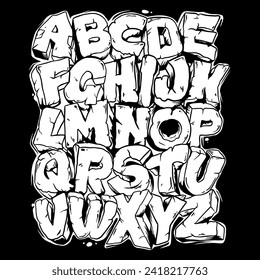 Font set with vector letters in cracked broken Graffiti Street Paint On White And Black Background. Free Wild Style For Wall City Urban. 