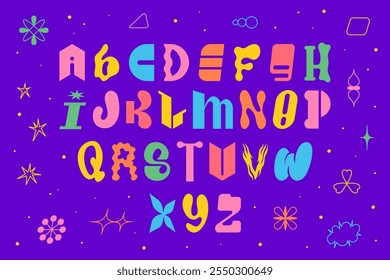 Font shape funky. Logo figure alphabet. Typeface geometric child. Abstract fashion retro typo. Typography, kid circle color symbols. Colorful letters. Vector art, cartoon flat isolated illustration