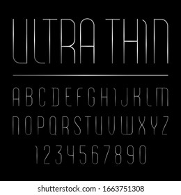 Font from silver single ultra thin line, trendy simple alphabet sans serif, modern condensed letters and numbers