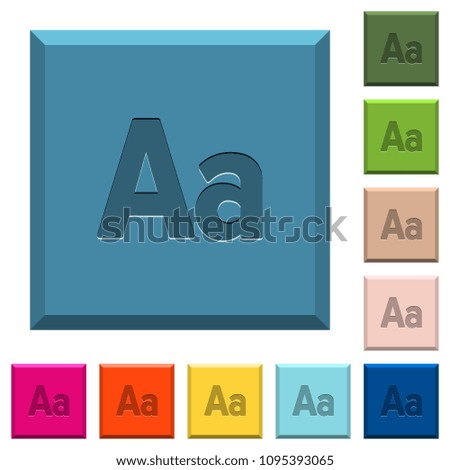 Font size engraved icons on edged square buttons in various trendy colors