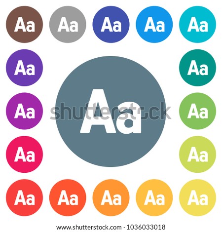 Font size flat white icons on round color backgrounds. 17 background color variations are included.