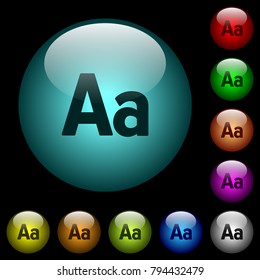 Font size icons in color illuminated spherical glass buttons on black background. Can be used to black or dark templates