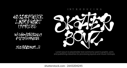 Font Skaterboyz. Cool street art graffiti font for hand writter, spirited expressive teenage, youth urban vibe. Art typographic design. Vector typeset skateboard skaters with line spray style