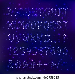 Font space constellation alphabet typeface script star geometry design typographic abstract letters symbols vector illustration.