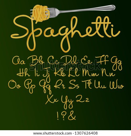 Font from spaghetti. Alphabet. Vector illustration isolated on green background.