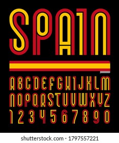 Font Spain. Trendy bright alphabet, colorful letters on a black background.
