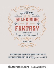 Font Splendour in Fantasy. Hand crafted retro vintage typeface design. Handmade lettering. Authentic handwritten alphabet.Ornament frame. Vector graphic illustration old badge label logo template.