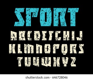 Font in sport style. Extra bold face. Letters with shabby texture. Print on black background