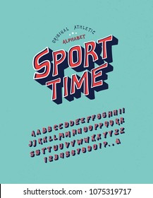 Font Sport Time. Craft retro vintage typeface design. Fashion type. Sans serif.  Pop modern display vector letters alphabet.  Drawn in graphic style. Set of Latin characters, numbers.