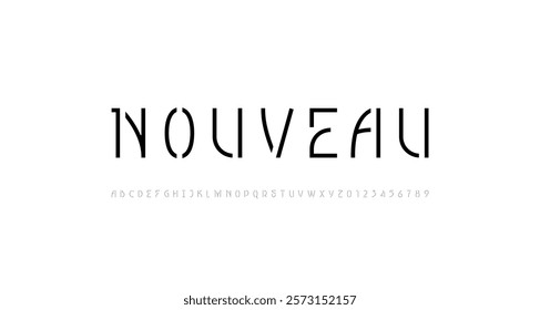 Font stencil alphabet made nouveau art deco style, uppercase letters from A to Z and numbers from 0 to 9, vector illustration 10EPS.