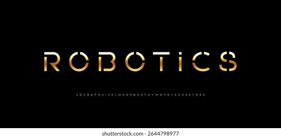 Font stencil gold alphabet, golden letters from A to Z and numbers from 0 to 9, vector illustration 10EPS.