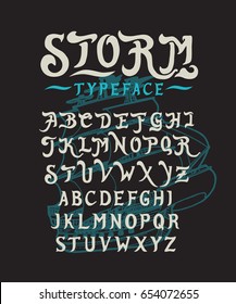 Font Storm. Hand crafted stylized retro vintage typeface design. Original handmade lettering type alphabet on navy background. Authentic handwritten font, vector set letters. Art script logo, label.