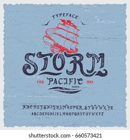 Tempestade de Fonte. Design de tipografia vintage estilizado feito à mão. Original tipo lettering feito à mão alfabeto em fundo marinho. Fonte manuscrita autêntica, letras de conjunto vetorial. Logotipo de roteiro de arte, etiqueta.