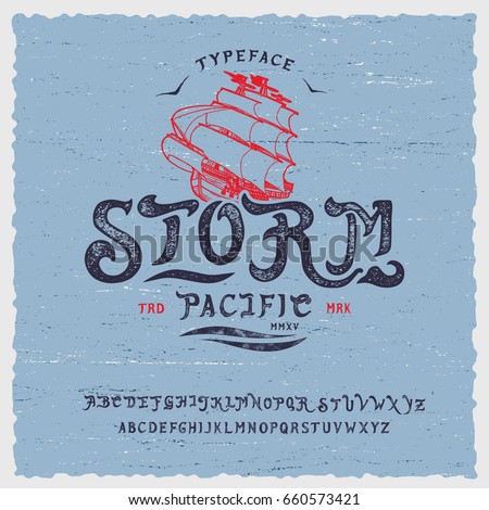 Font Storm. Hand crafted stylized retro vintage typeface design. Original handmade lettering type alphabet on navy background. Authentic handwritten font, vector set letters. Art script logo, label.