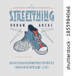 Font Streetthing.  Craft retro vintage typeface design. Graphic display alphabet. Fantasy type letters. Latin characters, numbers. Vector illustration. Old badge, label, logo template.