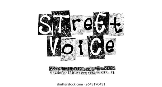 Font Streetvoice. Alfabeto e números vetoriais da tipografia punk. Digite o espécime definido para panfletos de fonte grunge e cartazes ou desenhos estilo nota de resgate.