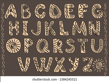 
Font in the style of ancient cave paintings. The English alphabet in a prehistoric style. Jurassic Park. Stone Age