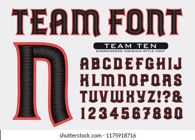 A font in the style of embroidered insignias for sports teams. This vector alphabet is highlighted with satiny 3d thread effects.