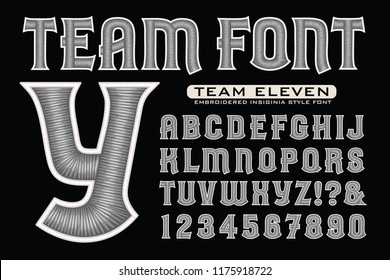 A font in the style of embroidered insignias for sports teams. This vector alphabet is highlighted with satiny 3d thread effects.