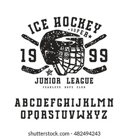 font in the style of handmade graphics. Ice hockey club emblem for t-shirt. Black print on white background