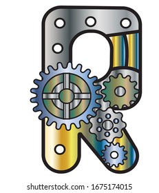 The Font In The Style Of Steampunk. Mechanical metal alphabet with gears. letter R. vector illustration of an old steampunk alphabet for logo and text. For design and decoration.