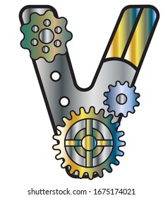 The Font In The Style Of Steampunk. Mechanical metal alphabet with gears. letter V. vector illustration of an old steampunk alphabet for logo and text. For design and decoration.