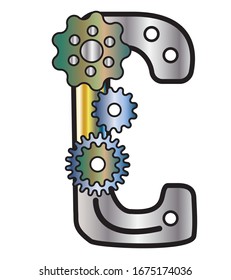 The Font In The Style Of Steampunk. Mechanical metal alphabet with gears. letter C. vector illustration of an old steampunk alphabet for logo and text. For design and decoration.