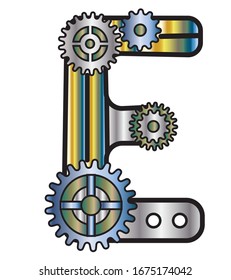 The Font In The Style Of Steampunk. Mechanical metal alphabet with gears. letter E. vector illustration of an old steampunk alphabet for logo and text. For design and decoration.