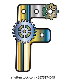 The Font In The Style Of Steampunk. Mechanical metal alphabet with gears. letter F. vector illustration of an old steampunk alphabet for logo and text. For design and decoration.