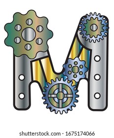 The Font In The Style Of Steampunk. Mechanical metal alphabet with gears. letter M. vector illustration of an old steampunk alphabet for logo and text. For design and decoration.