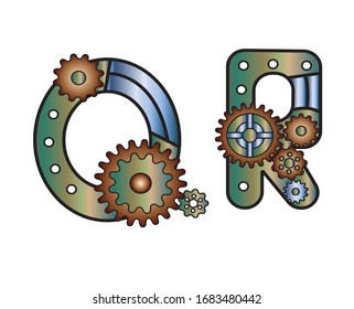 The Font In The Style Of Steampunk. Mechanical metal alphabet with gears. letter Q R vector illustration of an old steampunk alphabet for logo and text. For design and decoration.