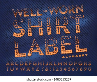 A font in the style of worn out threads on a shirt collar; This alphabet has the effect of vintage threadbare embroidered letters on a twill weave garment label.