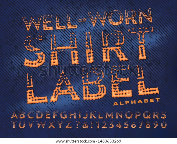 シャツの襟に擦り切れた糸のスタイルのフォント このアルファベットは 綾織りの衣服のラベルにビンテージ糸で刺繍 した文字の効果を持つ のベクター画像素材 ロイヤリティフリー