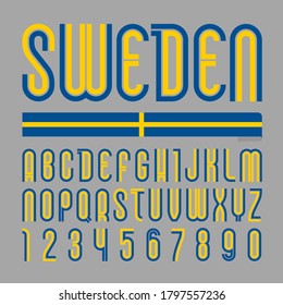 Font Sweden. Trendy bright alphabet, colorful letters on a gray background.