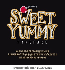 Font Sweet Yummy. Hand crafted typeface vintage design. Original handmade  type on black background. Isolated doodle vector letters and numbers. Organic textured alphabet. Badge label logo template.