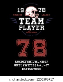 Font Team Player. Crafted retro vintage typeface design. Sport  type on black background.  Athletic graphic alphabet with contour in the style of college. Vector illustration old label logo template.