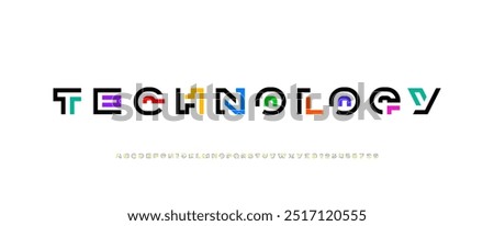 Font technology alphabet from segment line, letters A, B, C, D, E, F, G, H, I, J, K, L, M, N, O, P, Q, R, S, T, U, V, W, X, Y, Z and numerals 0, 1, 2, 3, 4, 5, 6, 7, 8, 9, vector illustration 10EPS