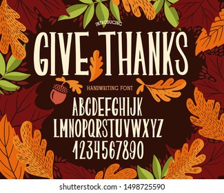 Font Thanksgiving Day. Typography Alphabet With Colorful Autumn Illustrations. Type Design For Holiday Party Celebration. Design Vector Banner With Hand-drawn Lettering.