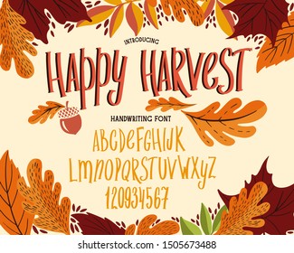 Font thanksgiving day. Typography alphabet with colorful autumn illustrations. Type design for holiday party celebration. Design vector banner with hand-drawn lettering.