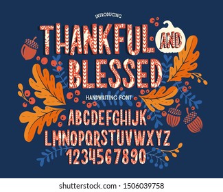 Font thanksgiving day. Typography alphabet with colorful autumn illustrations. Type design for holiday party celebration. Design vector banner with hand-drawn lettering.